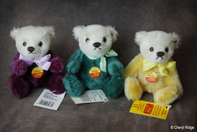 Steiff Dolly teddy bears early 1990s purple 0218/15, green 0217/15 and yellow 0216/15