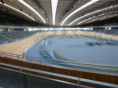 View of cycling training session inside Velodrome. 