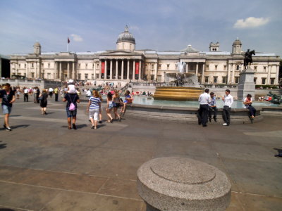 Trafalgar Square on a hot July day with the National Gallery in the background