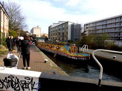Barge going through lock on Regents Canal