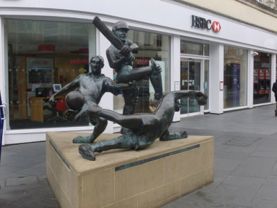 Statue celebrating the success of Leicester rugby, football and cricket teams in mid 1990s 
