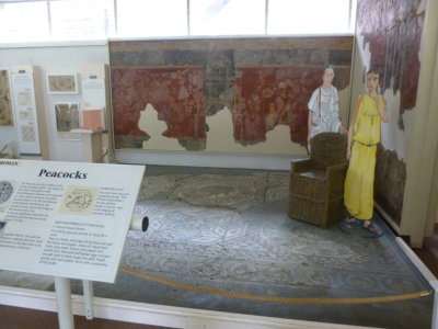 Peacock mosaic together with Roman painted wall in Jewry Wall museum