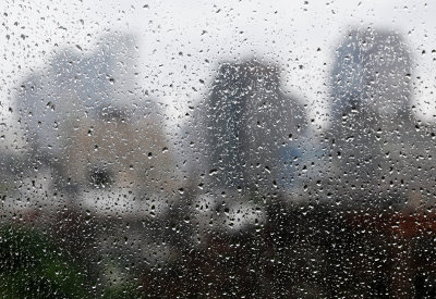 Downtown Manhattan Skyline Through Raindrops on a Windowpane