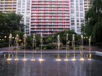 Renovated Fountain at Dusk with Lights