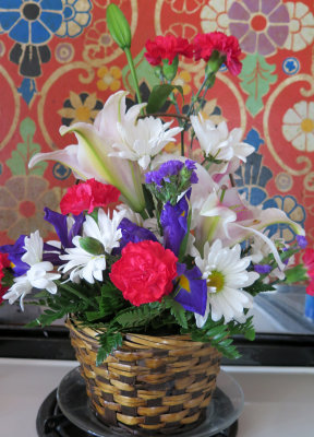 Unwraped Birthday Bouquet on My Kitchen Stove