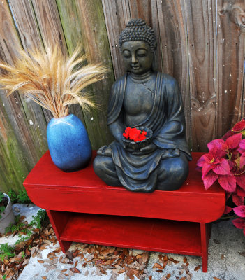 Buddha & Wheat on a Red Bench