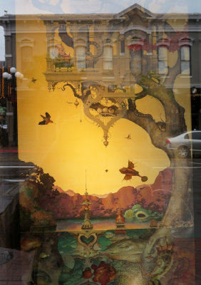 A Painting in an Art Gallery Window with Street Building Reflection