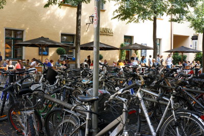 Regensburg. Bikes at a caf