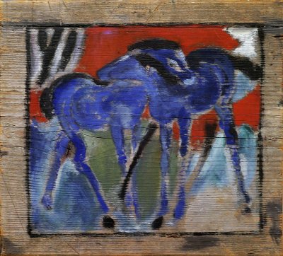 Blue horses painted on wood, Franz Marc