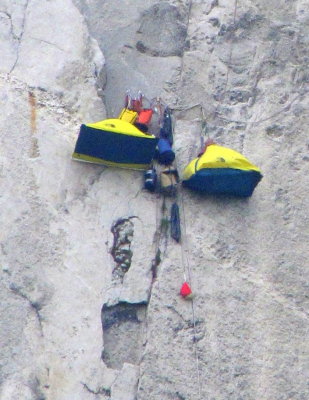 Portaledges partway up El Capitan