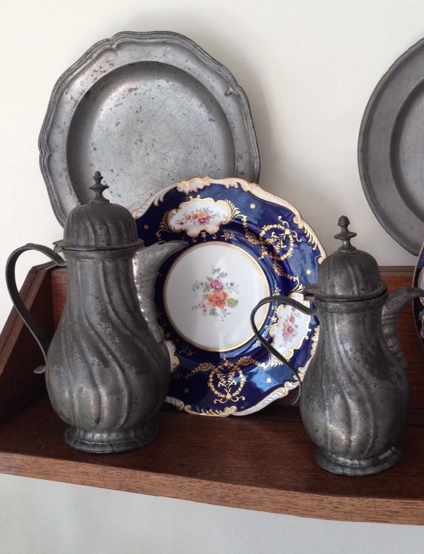 Detail of Shelf #1 with Plates and Pewter
