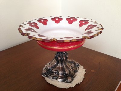 Red and White Dish with Silver Foot