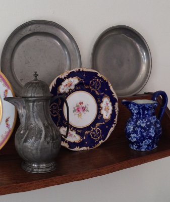 Detail of Shelf #4 with Plates and Pewter