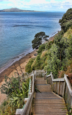Kennedy Park is on a high cliff top. You can follow the wooden staircase all the way down the cliff-face to a little beach.  That is Rangototo Island in the distance