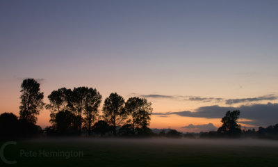 Mist at sunset over the fields near Hele in Devon