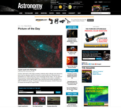 Ou4 (and SH2 129): A Giant Squid Nebula and a Flying Bat - Picture of the Day in Astronomy Magazine's Web Site - 29.12.14