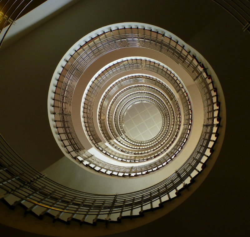 Looking up the staircase at the Hilton hotel