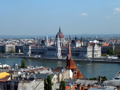 A view of Hungary's Parliament House on the Pest riverbank of the Danube River