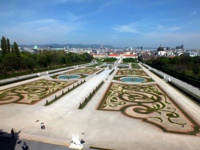 The gardens at the Belvedere Palace and Gardens, with Vienna in the background