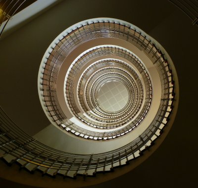 Looking up the staircase at the Hilton hotel