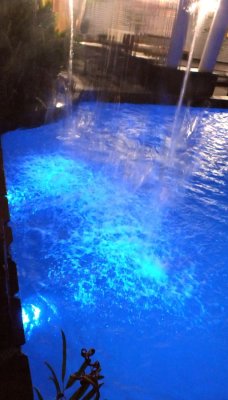 A sheet waterfall at the pool at our Palm Cove hotel