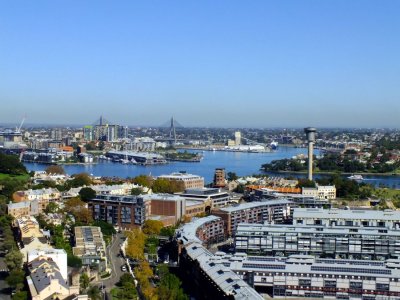 The Anzac Bridge crossing Johnstons Bay in Sydney