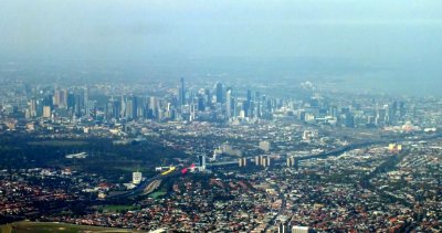 Flying into Melbourne - the little red and yellow in the lower center, is a sculpture called the Melbourne Gateway