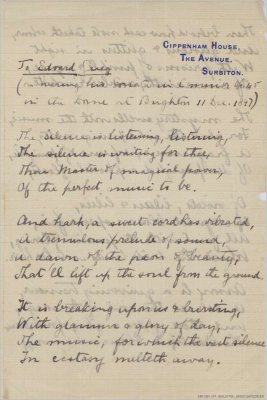 Poetry from Alexandra to Edvard Grieg -Brighton 11 Dec. 1897 - Cippenham House - The Avenue SurBiton