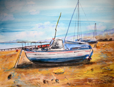 Boat painting from Ross-On-Sea Watercolour pen and ink for sale