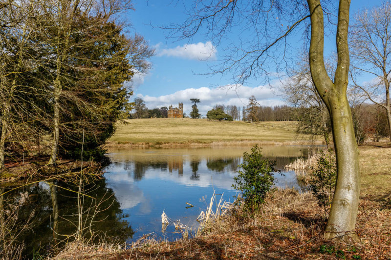 Gothic Temple across the lake with Spring Afternoon sunlight