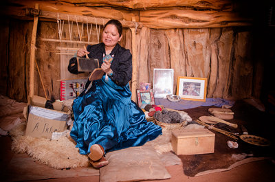 Native Weaver Works in a Hogan House