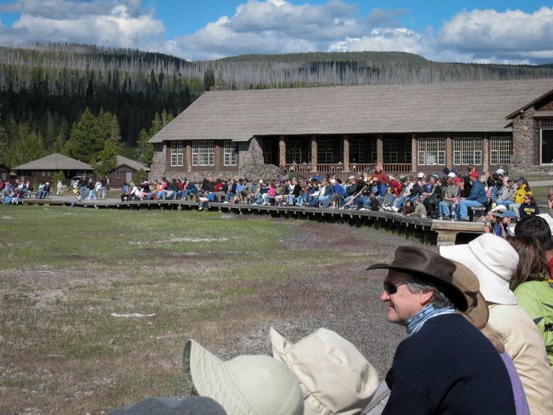 Crowd Waiting For Old Faithful Geyser