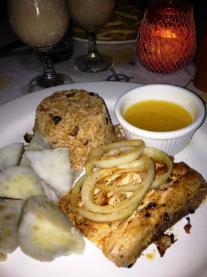 Lime Butter Mahi Mahi, sweet potatoes and rice