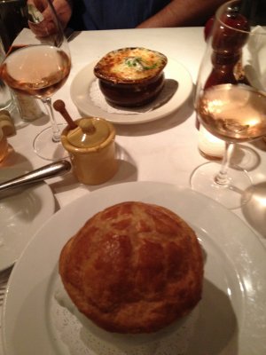 Tomato soup in puff pastry and French Onion Soup