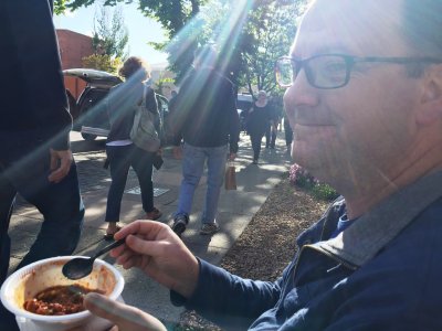 Chris enjoying food truck chili