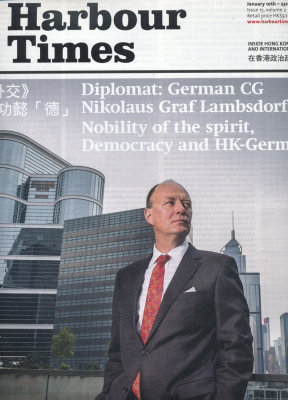 Portrait of German Consul General on Harbour Times issue 15 cover - Jan 2014