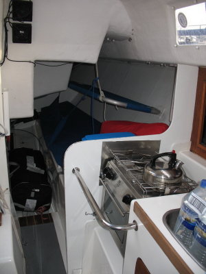 Pink Panther galley and bunks. Pure racing, minimum comfort! Note free wires of nav equipment upper left.