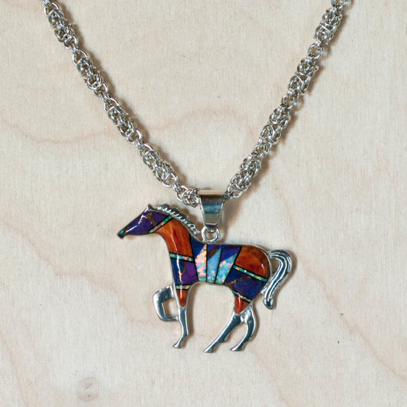SOLD    sterling silver inlaid horse with 925 hand made chainmaille chain