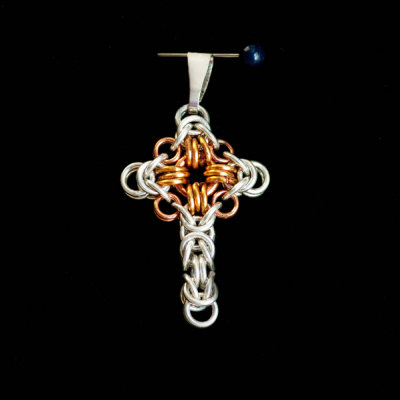 sterling and copper chainmaille cross pendant
