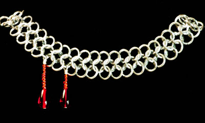 vampire choker, supposed to be worn higher on neck than shown,  chainmaille weave from aluminum.