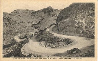 Contemporary postcard showing extreme turns along the Sitgreaves Pass section of Rt 66. 