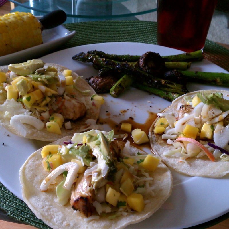 Salmon Tacos with Mango Salsa, Cabbage & Onions