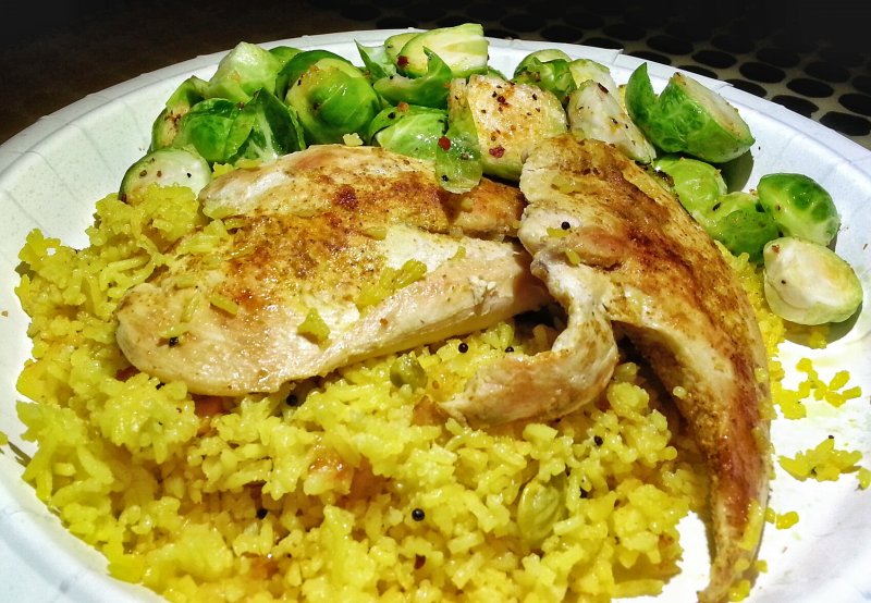 Chicken Breast dusted with Hot Madras Curry Powder, Lemon infused Basmati Rice and Brussels Sprouts