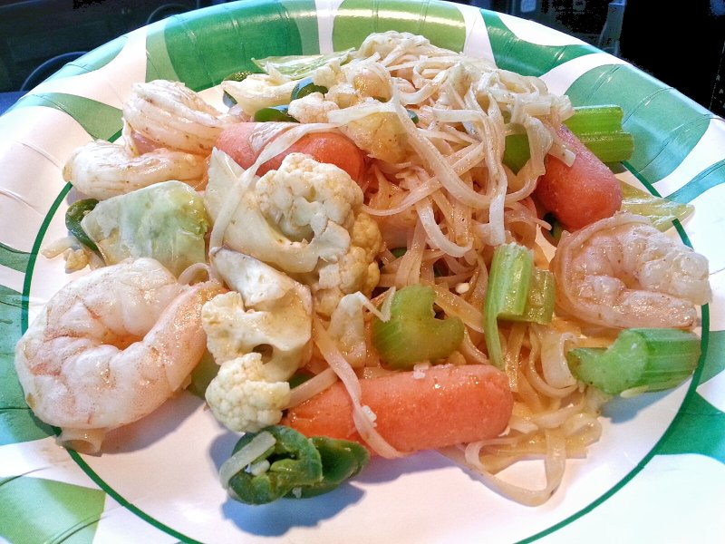 Rice noodles, shrimp, cauliflower, celery, carrots, cabbage & jalapenos