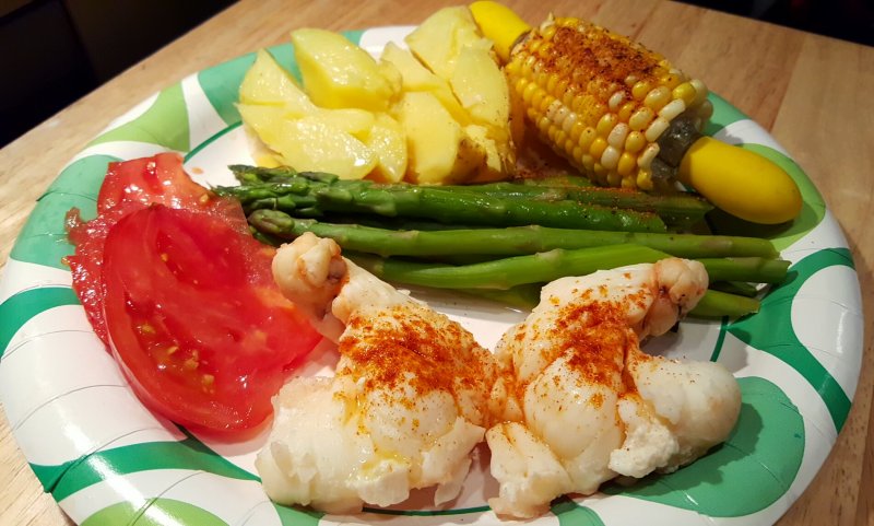 Lobster, Potatoes, Corn, Asparagus & Tomatoes - Birthday Dinner to myself..