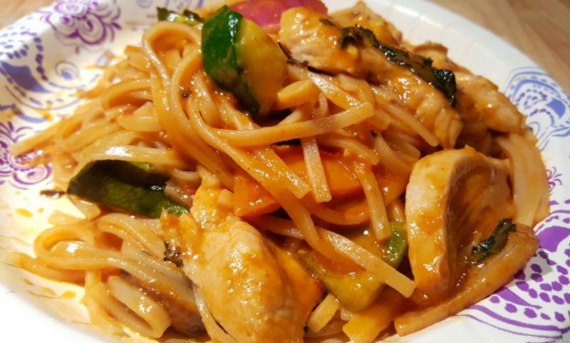 Thai Red Curry Chicken & Veggies over Rice Noodles