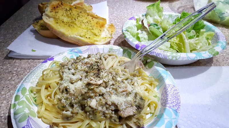 Spaghetti with Clams, Salad & Garlic Bread