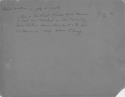 Back of photo says:

This is written in July 13, 1958, This is the first place and home I had and worked in this country, Hambleton House, 1338 West 7th St, Des Moines, 1903, Mom Oberg