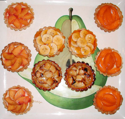 Apple, apricot, banana, peach tarts
