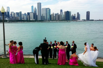Wedding photography, Chicago skyline, museum campus